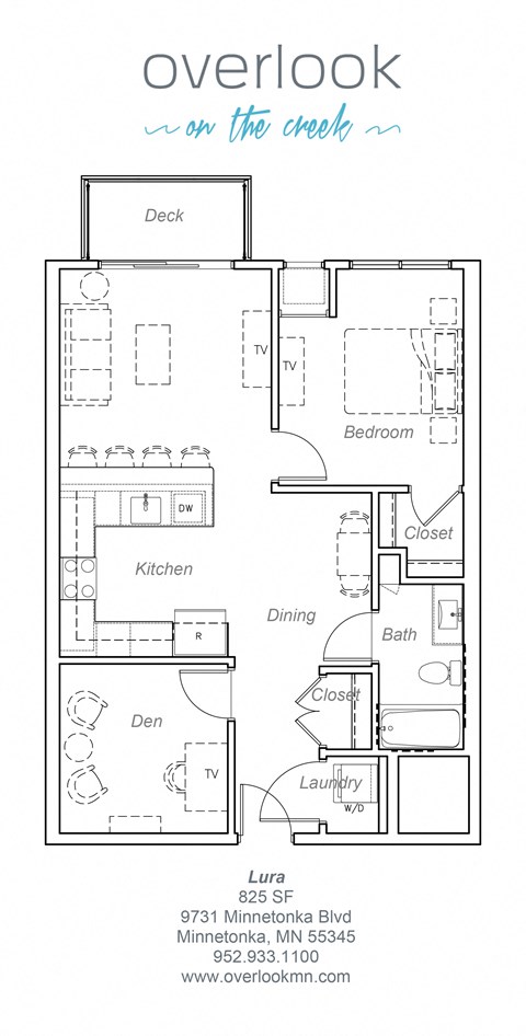 Lura floor plan 825 square feet 1 bedroom plus den, 1 bathroom